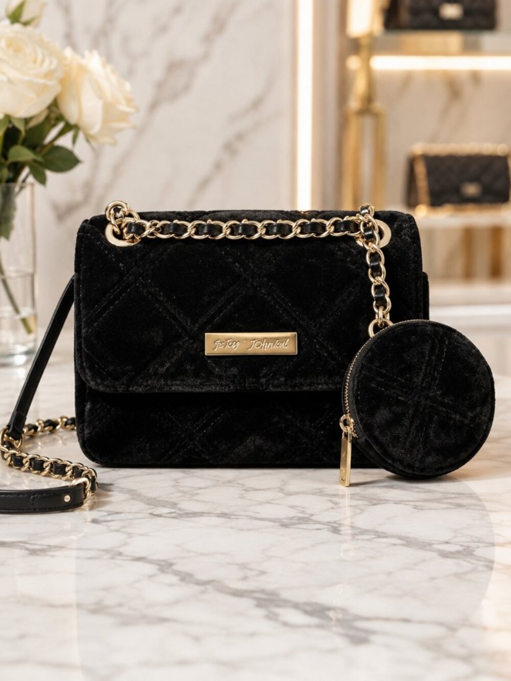 Betsey Johnson Black Quilted Velour Crossbody Gold Chain Pouch NWT